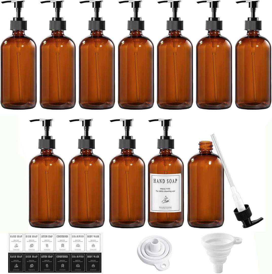 12 Pack Amber Glass Bottles 8oz with Pump Dispensers, Refillable Empty Pump Bottles for Bathroom, Kitchen, Shampoo, Soap, Lotion  Includes 2 Funnels & 12 Labels