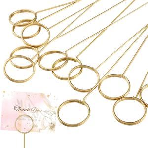 Hotop 30 Pcs Floral Card Holder Pick Metal Wire Flower Place Card Stick 13.4 in Picture Photo Memo Holder Round Floral Gift Stick Clip for Centerpiece Table Wedding Baby Shower Party Favor (Gold)