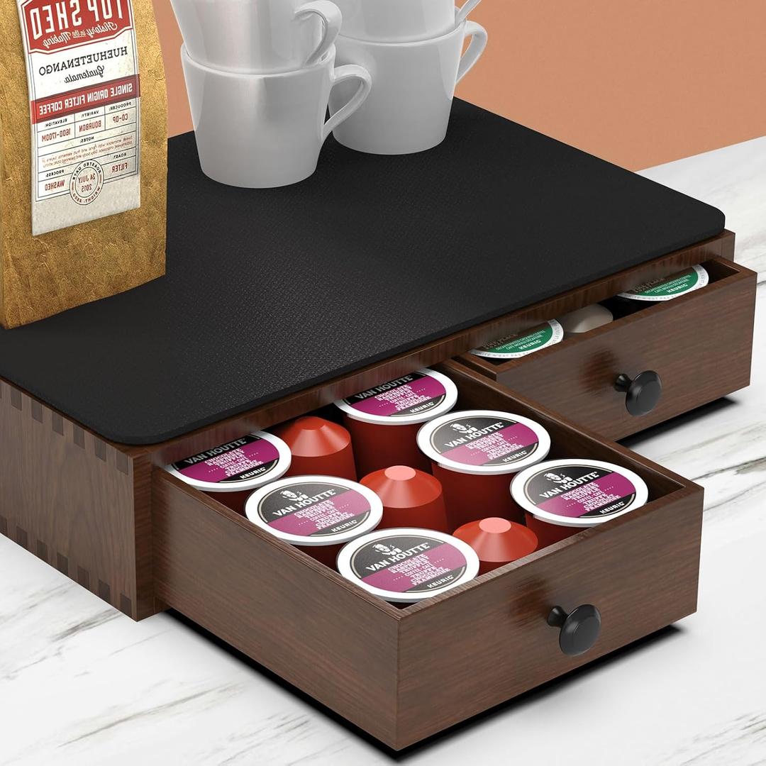 K Cup Holder, Wooden K Cup Organizer Box for Counter, Tea and Coffee Pod Storage Drawer Coffee Maker Stand, 30 Pod Capacity, Walnut Black (Small)
