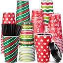 Umigy 60 Pack Christmas Paper Coffee Cups 16 oz Xmas Paper Hot Cup Coffee Cups Disposable with Lids and Stirrers Beverage Drinking Cup with 6 Designs for Juice Water Coffee Tea for Home Shops Cafes