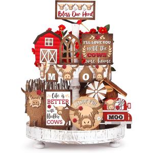 GlikCeil 20 Pcs Highland Cow Tiered Tray Decor Set Wood Cow Sign Rustic Farmhouse Table Centerpiece for Home Kitchen Table Shelf(Classic)