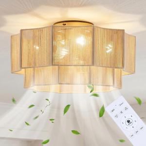 Hand-Woven Bohemian Ceiling Fan with Light, 20" Hexagonal Flush Mount Cotton Fan, Quiet DC Motor with Remote, 6-Speed Reversible Airflow, Transparent Blades for Bedroom Living Room Nursery