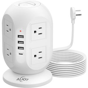AiJoy Surge Protector Power Strip Tower with 8 Outlets 4 USB Ports(1 USB-C), 10 FT Flat Extension Cord with Multiple Outlets, Charging Tower with Surge Protection for Home Office Dorm Room Essentials