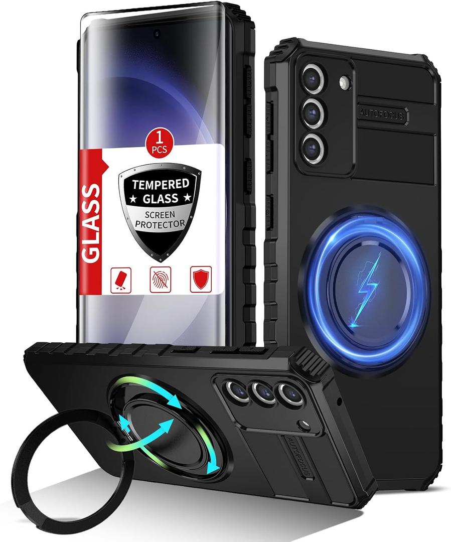 for Samsung Galaxy S23 Case Magnetic Compatible with Wireless Charging,S23 Phone Case with 1 Screen Protector,Built-in Kickstand Ring Military Grade Drop Shockproof Heavy Duty Protection Black