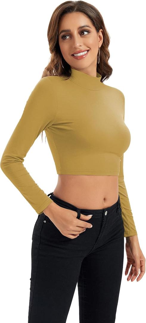 Womens Long Sleeve Crop Tops Lightweight Mock Neck Base Layer Shirts (Yellow, M)