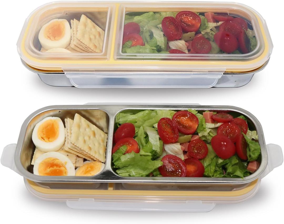 2 Pack Stainless Steel 2 Compartment Snack Containers,Reusable Snack Containers with Lids,Leak Proof Metal Lunch Box,Grab and Go Divided Bento Box for Home Travel Camping (700ml+700ml)