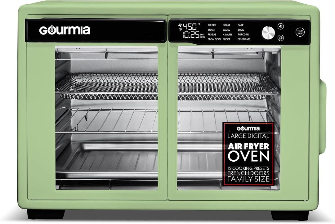 Gourmia French Door Air Fryer Oven - 37 Qt Large Capacity Convection Toaster Oven, FryForce 360, Digital Display, 12 Cooking Presets, Dehydrate, Fits 13 Pizza, Dishwasher-Safe, Green