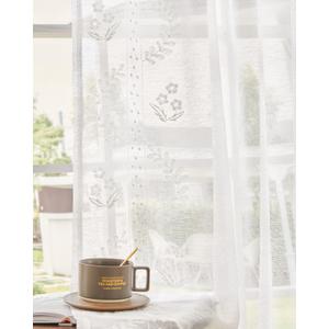 jinchan Belrose Linen Sheer Curtains for Living Room 84 Inch Length Sheer Voile Embroidered Floral Curtains for Bedroom Light Filtering Rod Pocket Window Treatments Farmhouse Decor 2 Panels White