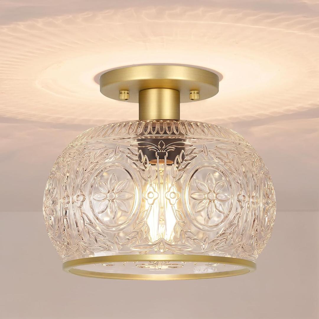 Gold Semi-Flush Mount Ceiling Light with Globe Glass  Vintage Ceiling Lighting for Hallway, Kitchen, Entryway, Bathroom & Closet (7.68in-ceiling)