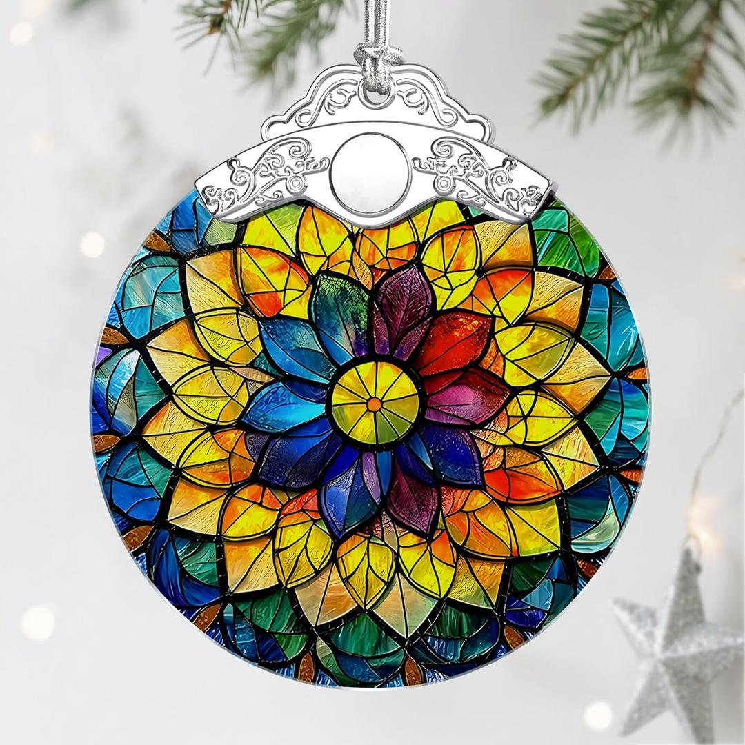 Stained Glass Ornament, Christmas Ornaments, Christmas Decorations for Tree, Holiday Ornament, Gifts for Her, Holiday Party Gifts, Gift Ideas & Xmas Gift - Rainbow Mandala