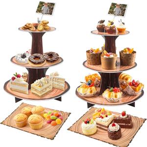 Woodland Rustic Cupcake Stand & Wooden Dessert Table Display Set - 3-Tier Wood-Look Cardboard Tower + Rectangular Tray with Photo Clip, 3 Pack for Baby Shower, Birthday Party Decorations, 2 Set