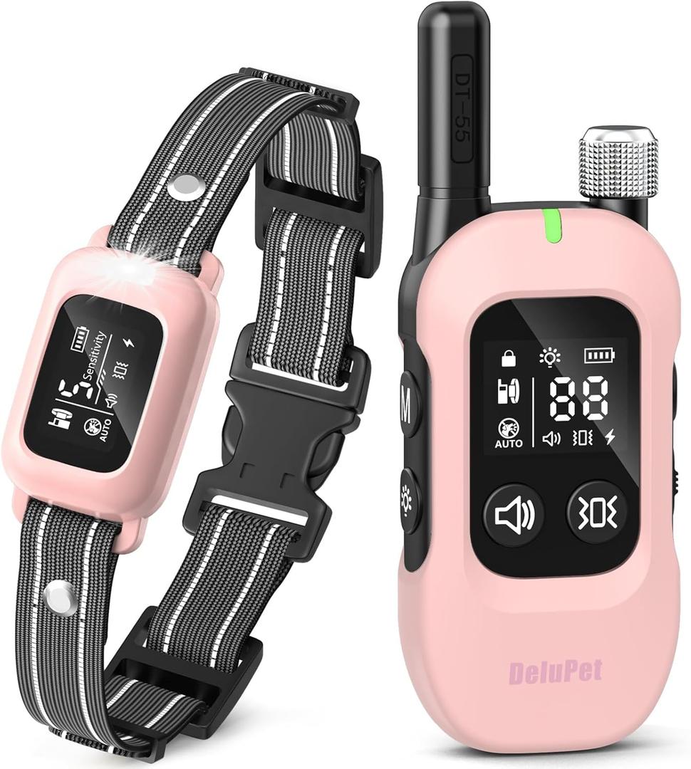 Delupet 2-in-1 Dog Shock & Bark Collar  4500FT Dog Training Collar with Remote, 3 Training Modes & LED Light, IPX8 Waterproof E Collar with Anti-Barking for Small Medium Large Dog (Pink)
