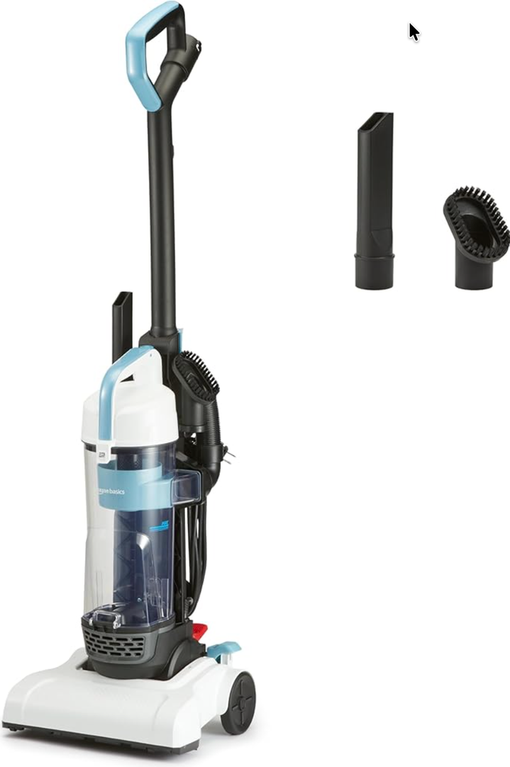 Amazon Basics Upright Bagless Vacuum Cleaner for Carpet and Hard Floors, Washable Filter, Crevice and Upholstery Tools, Detachable Handle, Lightweight, 1.7L Dust Cup, 25ft Cord, Black/White
