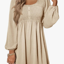 Dokotoo Womens 2025 Casual Dress Smocked Crewneck Button Up Long Sleeve Empire Waist A-Line Mini Dress Large