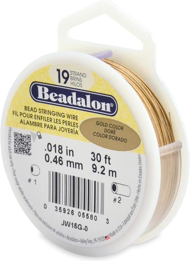 Beadalon 19-Strand Bead Stringing Wire, 0.018-Inch, Gold Color, 30-Feet