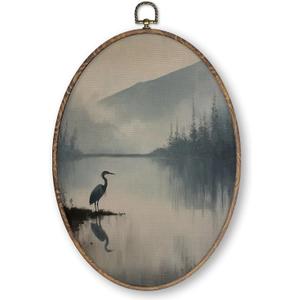 Qskjre Vintage Great Blue Heron Wall Art Decor, Natural Japandi Bird Coastal Oval Wood Framed Canvas Wall Artwork, Lake Mountain Landscape Hanging Prints for Living Room Bedroom Decorations8.6x11.4