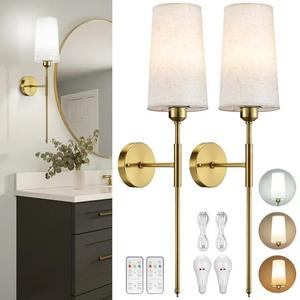 2 Pack Battery Operated Wall Sconce with Remote Control, Gold Antique Brass Iron Armed Wall Lamp Modern Wall light Fixture White Fabric Shade Wall Sconce For Bedroom, Living Room, Hallway