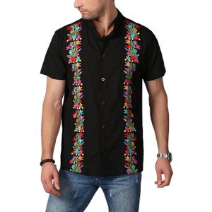 Mexican Shirts for Men Traditional Men's Guayabera Dress Shirts Mens Button Up Band Collar Dress Shirt Fiesta (XL- Black)