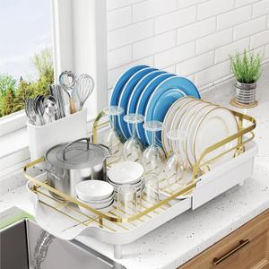 SNTD Dish Drying Rack, Expandable Dish Rack for Kitchen Counter, Stainless Steel Dish Drainer with Drainboard Set and Utensil Holder (Gold)