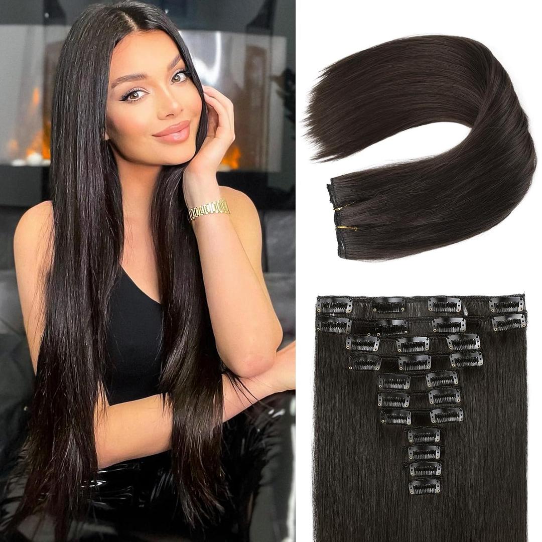 REECHO Hair Extensions, 11PCS Clip in Hair Extensions 28" Long Straight hair extensions HE005 Natural Soft Synthetic Hairpieces for Women- Black Brown