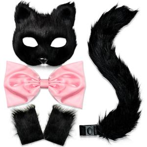 Cat Costume for Women - Therian Furry Mask, Bow, Paw Gloves, Long Tail - Fox Outfit Set for Halloween