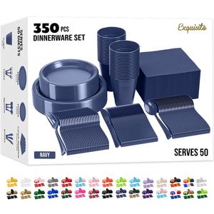 350 Pcs Navy Plastic Plates For Party, Navy Disposable Plates Set, 50 Of Each 9" Dinner Plate Set, 7" Dessert Plate, Cups, Napkins & Cutlery Plastic Dinnerware Exquisite