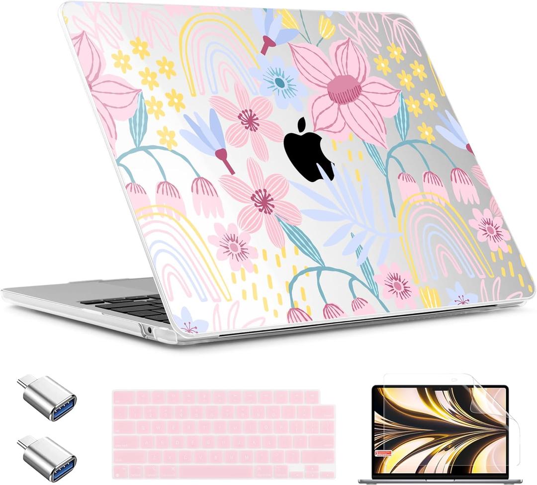 TWOLSKOO for MacBook Air 13 inch Case M5 2026 M4 2025 M3 M2 2024-2022 A3449 A3240 A3113 A2681, Plastic Hard Shell & Keyboard Cover & Type C for MacBook Air 13.6 inch Case, Floral Spring