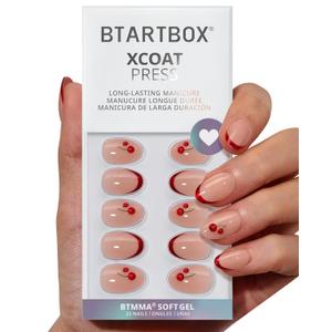 BTArtbox French Tip Press On Nails - Cherry Charm, Lamp-Curable Extra Short Red Almond Valentines Press On Nails with Glue and Adhesive Tabs for Women in 16 Sizes - 32 Soft Gel Glue On Nails Kit