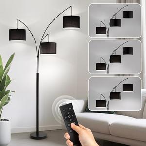 Fansdrick Floor lamp with Remote, 3 Light Arc Floor Lamps for Living Room, 2400LM Tall Standing Floor Lamps with Black Shades, 80" Large Floor Lamp for Bedroom, Office