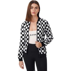 WDIRARA Women's Zip Front Plaid Print Long Sleeve Stand Collar Casual Jacket, Size M