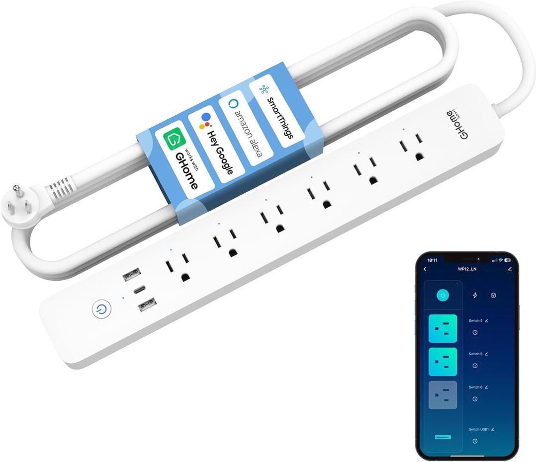 GHome Smart Plug Power Strip, 3 USB (30W Fast Charging) and 6 Individually Controlled Outlets, WiFi Surge Protector Works with Alexa & Google Home, Energy Monitor, 7.18 ft Mountable Flat Plug, 2A1C (White)