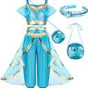 Arabian Princess Costume for Toddler Girls - with Sequin Small bag, Headband (Blue, S)