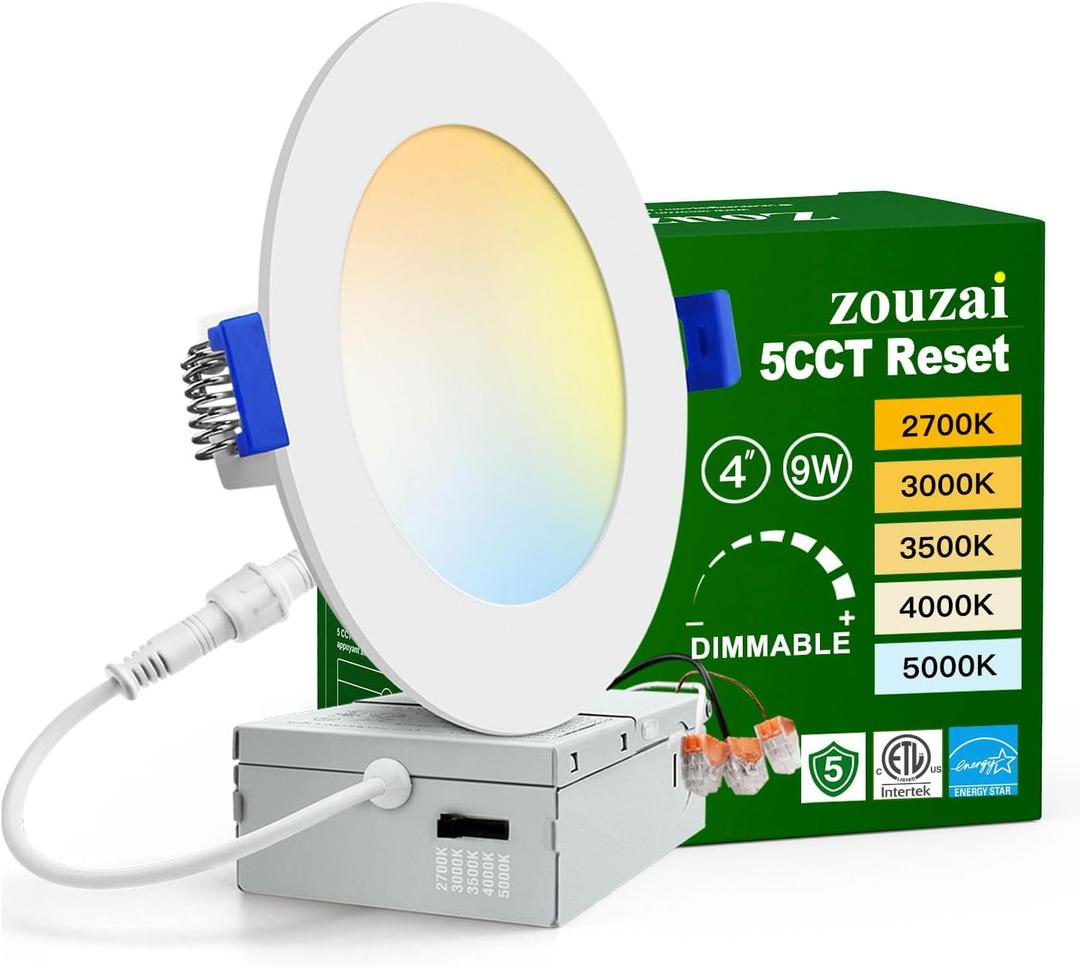 zouzai 1 Pack 4 Inch 5CCT Ultra-Thin LED Recessed Ceiling Light with Junction Box, 2700K/3000K/3500K/4000K/5000K Selectable, 9W Eqv 80W, Dimmable, led can Lights - ETL and Energy Star Certified