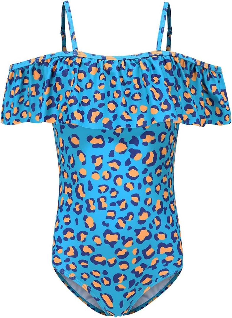 Girls One Piece Swimsuits One Shoulder Ruffle Swimwear Floral Bathing Suit (7-8 Years, Green Leppard Off Shoulder)
