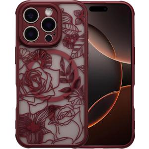 XIZYO Magnetic Case for iPhone 16 Pro Max Floral Rose Cute Phone Case [Compatible with Magsafe] for Women Girls Burgundy Aesthetic Pattern Slim TPU Shockproof Bumper Cover, Maroon