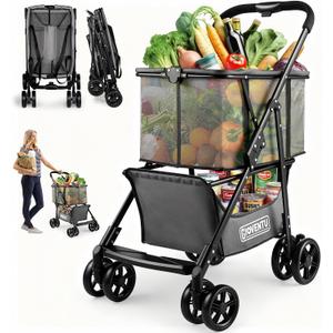Folding Shopping Cart with Wheels, 80lbs Multi Use Grocery Carts with 360 Wheels & Removable Tote Bag, Multifunctional Portable Personal Shopping Carts for Groceries, Black