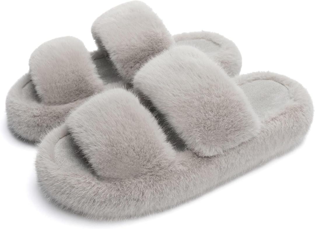 Chantomoo Women's Slippers Memory Foam Slippers for Women Fuzzy Comfy Faux Fur House Furry Indoor Open Two Bands Gift Slippers (7-8, Grey)