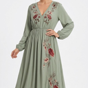 Olive Green Boho chiffon dress w/ floral accents, Green, Small