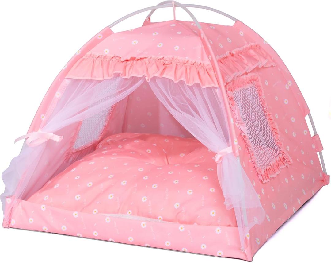 Cat Princess Indoor Tent House - Dog House Indoor/Outdoor Lace Mesh Breathable Windows Door Curtains Removable Portable Cave Nest Bed Bunny and Puppy (Pink, S)