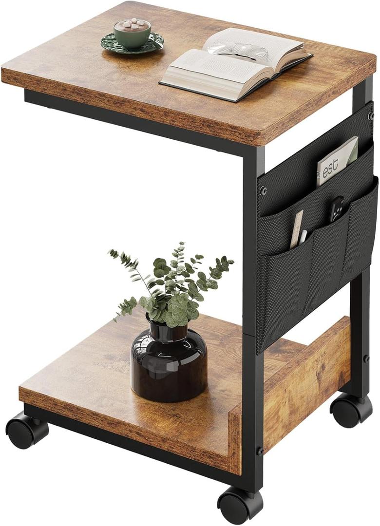 YeTom Side Table,C Table with 2-Tier Storage Shelf, End Table with a Storage Bag, Sofa Table with Wheels for Living Room, Bedroom, Office, Bathroom, Rustic Brown