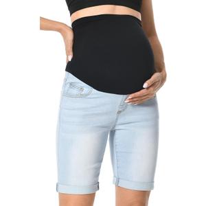 V VOCNI Maternity Denim Shorts Over The Belly Rolled Cuff Midrise Bermuda Short Pregnancy Jean Shorts (Small, 44-a-light Blue)