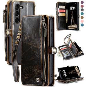 Defencase Samsung Galaxy S23 Plus Wallet Case, Luxury Coffee PU Leather, Magnetic Flip Strap, Zipper Card Holder, 10 Card Slots, Compatible with Wireless Charging & Kickstand, Unisex