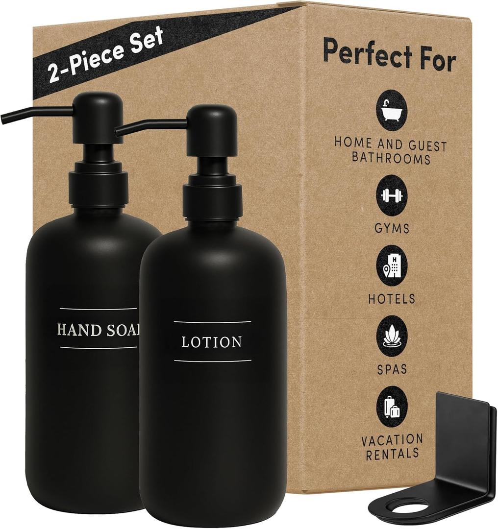 Black Plastic Bottle | Refillable Wall Mount Liquid Soap Dispenser with No Drill Brackets | 16 oz Hand Soap and Lotion for Every Bathroom | Two Bottles (Black Set 2)