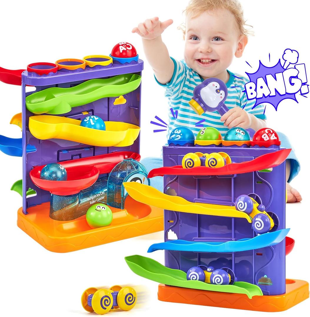 hahaland 2 in 1 Pound Ball Toy and Car Ramp, Durable Hammer & Ball Drop Toy, Cause and Effect Toddler Toys for 1 2 3 Year Old Boys Girls, 18 Month Baby Birthday Gift Ball Popper Track Toy