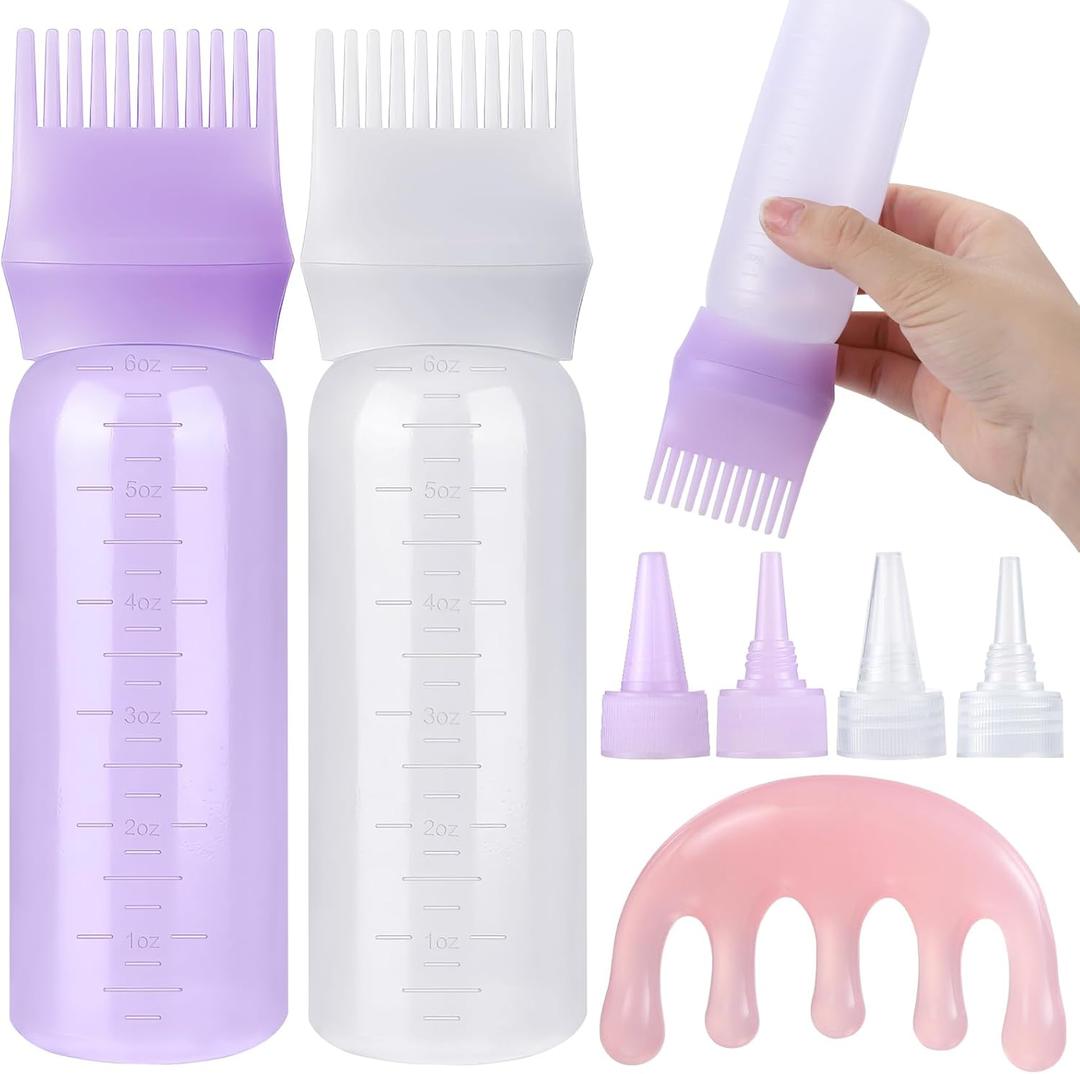 Pimoys Hair Oil Applicator Bottle for Scalp, Root Comb Applicator Bottles Hair Dye Squeeze Bottle Coloring Tools2 Pack (Purple, White) with 4 Pointed Mouth Cover and Massage Comb