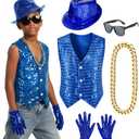 Kids Dance Hip Hop Jazz Costume Boys Sequin Vest Hat Glasses Set for Dance Party 3-12 Years (7-8 Years, Blue)