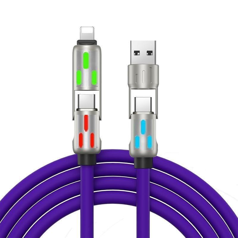 240W 4-in-1 USB Charging Cable, 6.6ft, LED Light Indicators, Fast Charge Compatible, USB-A/Type-C Connectors (Purple)