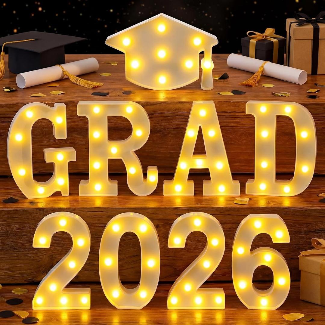 Aurelema 9 Pcs 2026 Graduation Party Decorations Grad 2026 Lights up Sign with Grad Cap Light for Kindergarten Preschool High School College Graduation