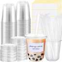 25 Sets Crystal Plastic Clear Cups with Lids, Straws and Stickers, Disposable Iced Coffee Cups Thickened PET for Iced Coffee, Bubble BobaTea, Smoothie, Cold Drinks, Juice, Shops (14 oz)