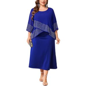 CYCLAMEN Plus Size Mother of The Bride Formal Dress Chiffon Overlay with Sparkly Rhinestones A-line Dress Wedding Guest Gown, Royal Blue, 2X